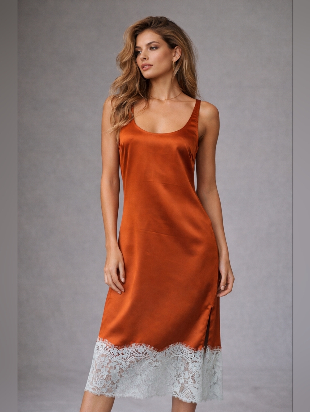 Copper Satin Midi Slip Dress Refreshed with Lace Hem